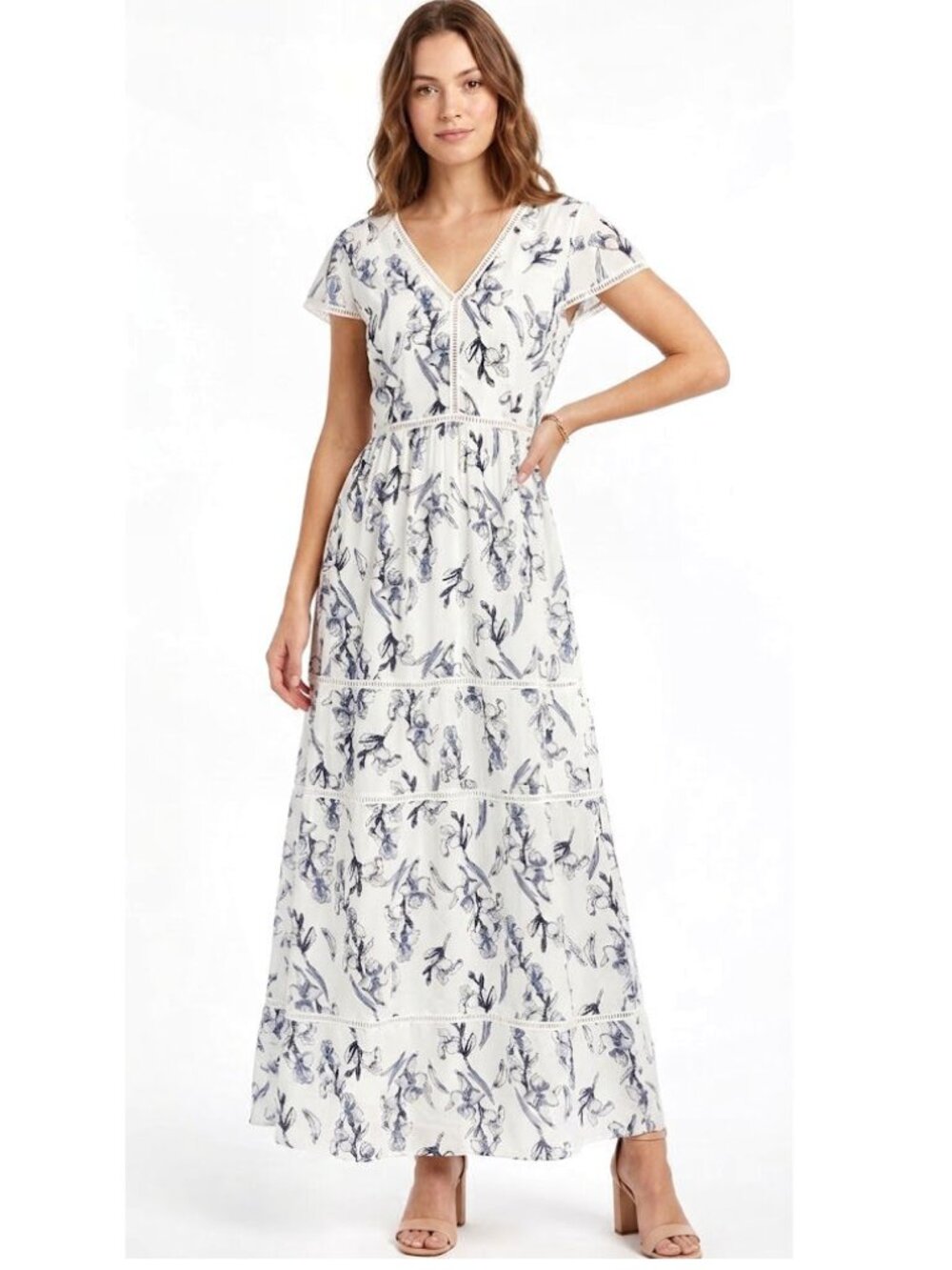 LUCCA Floral Crochet Trim V-Neck Maxi Dress, White Blue Floral, Womens Size XS